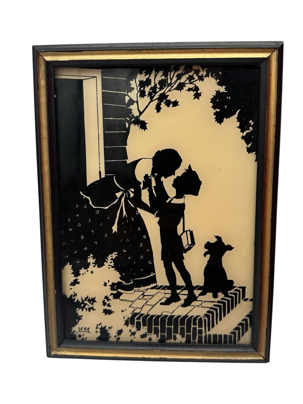 Vintage Reverse Glass Silhouette Painting 1940's Off to School 5.75" x 7.75"